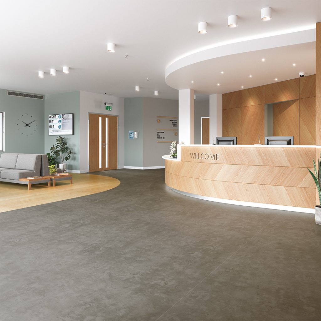 wood and stone effect vinyl flooring in hospital reception and waiting areas